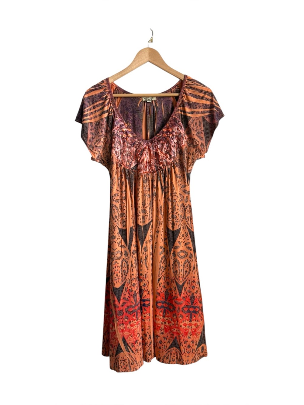 One World Y2K Boho Orange Purple Babydoll Midi Dress Medium